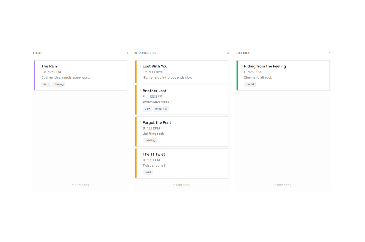 Nitesong kanban workspace with song cards in Idea, Draft, In Progress, and Finished columns