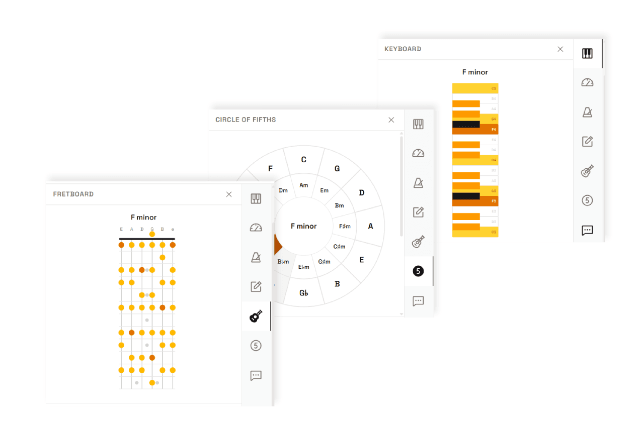 Nitesong sidebar tools — fretboard, keyboard, circle of fifths, tuner, metronome, notes, and chat